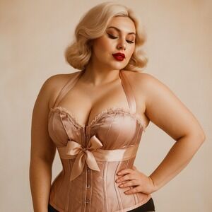 Corset Story Steel‎ Boned Satin Halter Corset UK14 Champagne Bridal Burlesque